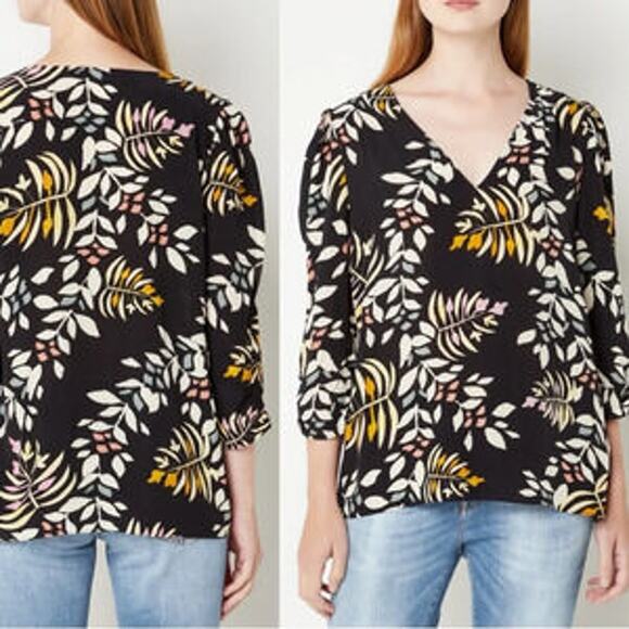 Ba&sh Cross 3/4 Sleeve V-Neck Blouse Black W/ Multicolored Leaf Print XS / US 2 - Picture 1 of 10